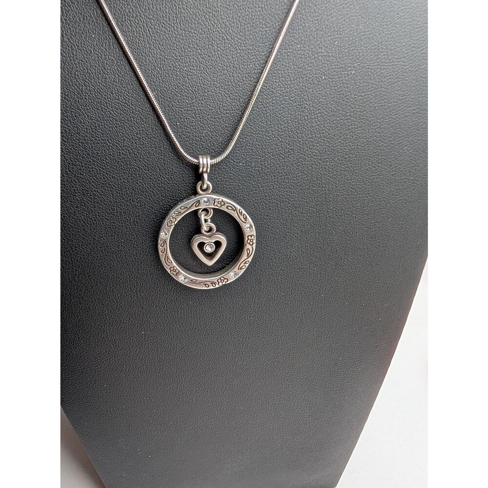 Brighton Silver Tone Heart & Circle Pendant Necklace Reversible Clear Stones